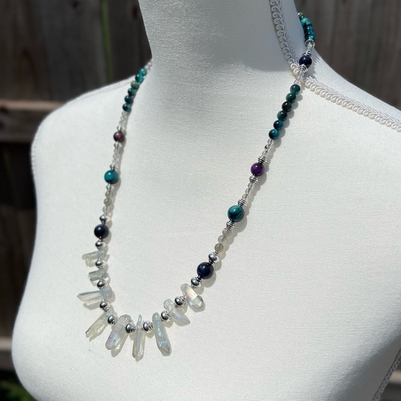 Handmade - Aura Quartz, Labradorite and Galaxy Tigers Eye Beaded Necklace - Picture 3 of 15
